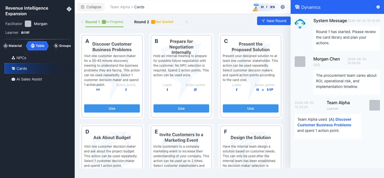 English SalesNail team simulation interface with action cards and customer dynamics